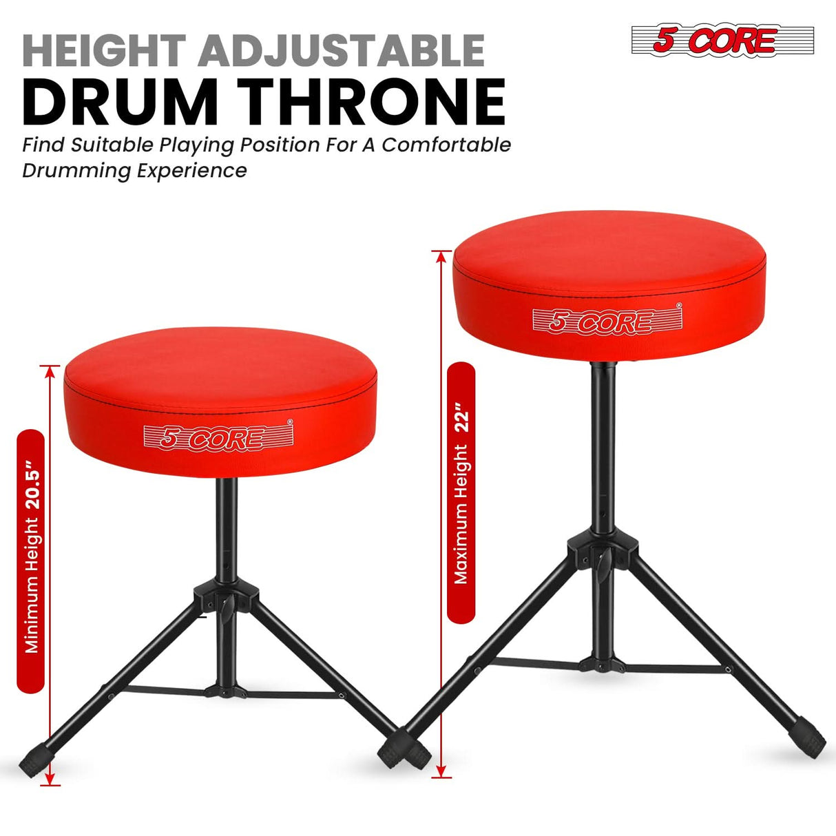 5 Core Drum Throne 3" Thick Padded Memory Foam Comfortable Drummer Stool 330Lb Capacity Adjustable