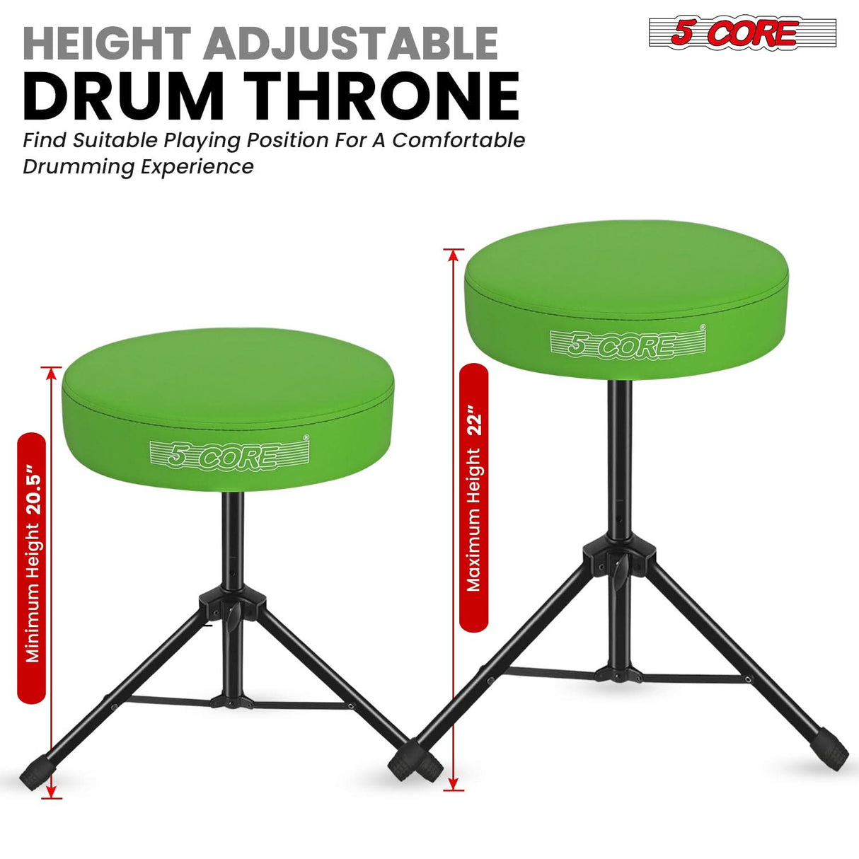 5 Core Drum Throne 3" Thick Padded Memory Foam Comfortable Drummer Stool 330Lb Capacity Adjustable