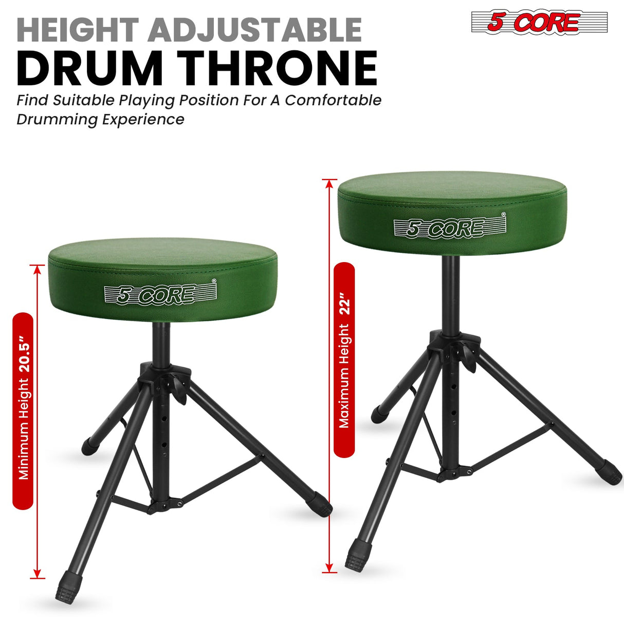 5 Core Drum Throne 3" Thick Padded Memory Foam Comfortable Drummer Stool 330Lb Capacity Adjustable