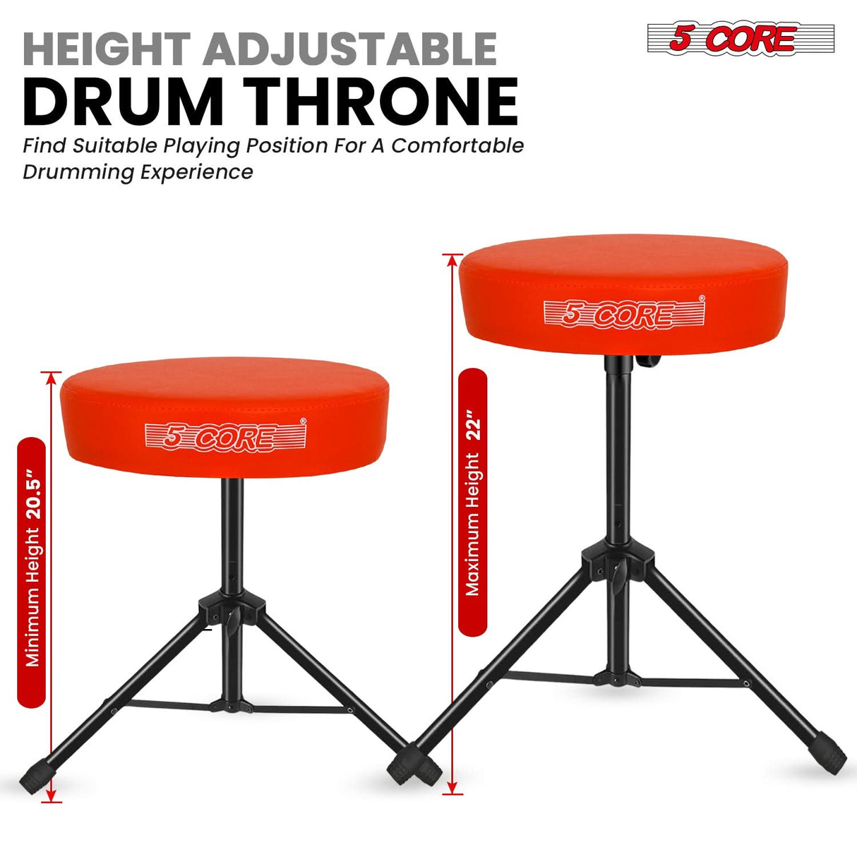 5 Core Drum Throne 3" Thick Padded Memory Foam Comfortable Drummer Stool 330Lb Capacity Adjustable