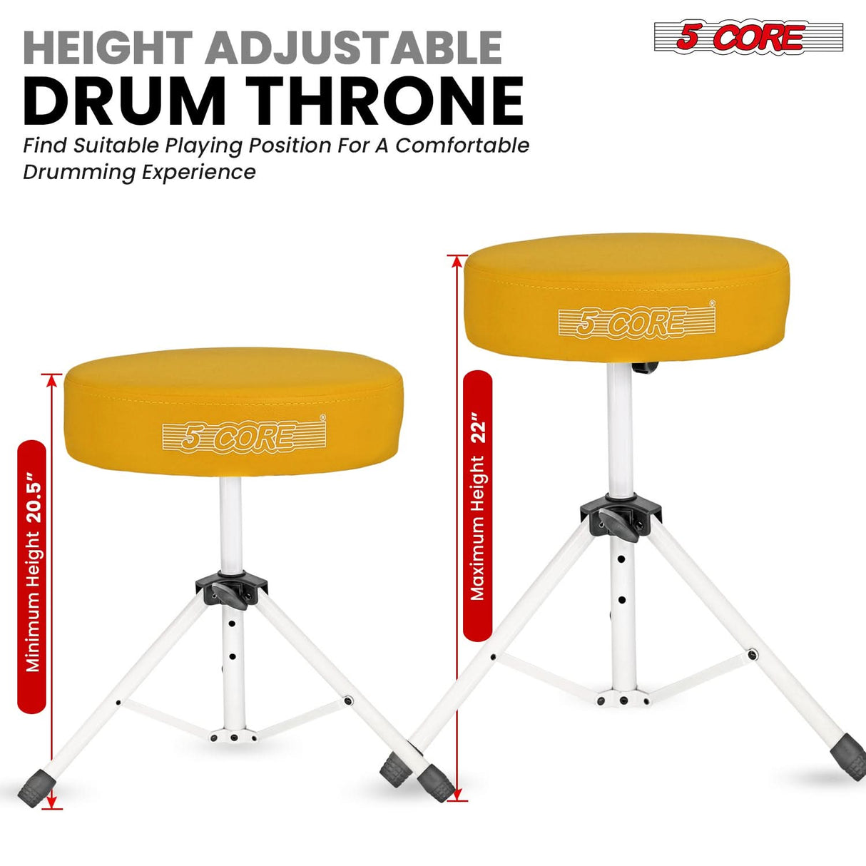 5 Core Drum Throne 3" Thick Padded Memory Foam Comfortable Drummer Stool 330Lb Capacity Adjustable