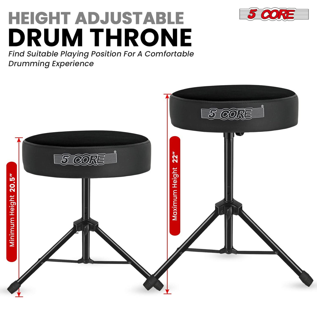 5 Core Drum Throne 3" Thick Padded Memory Foam Comfortable Drummer Stool 330Lb Capacity Adjustable
