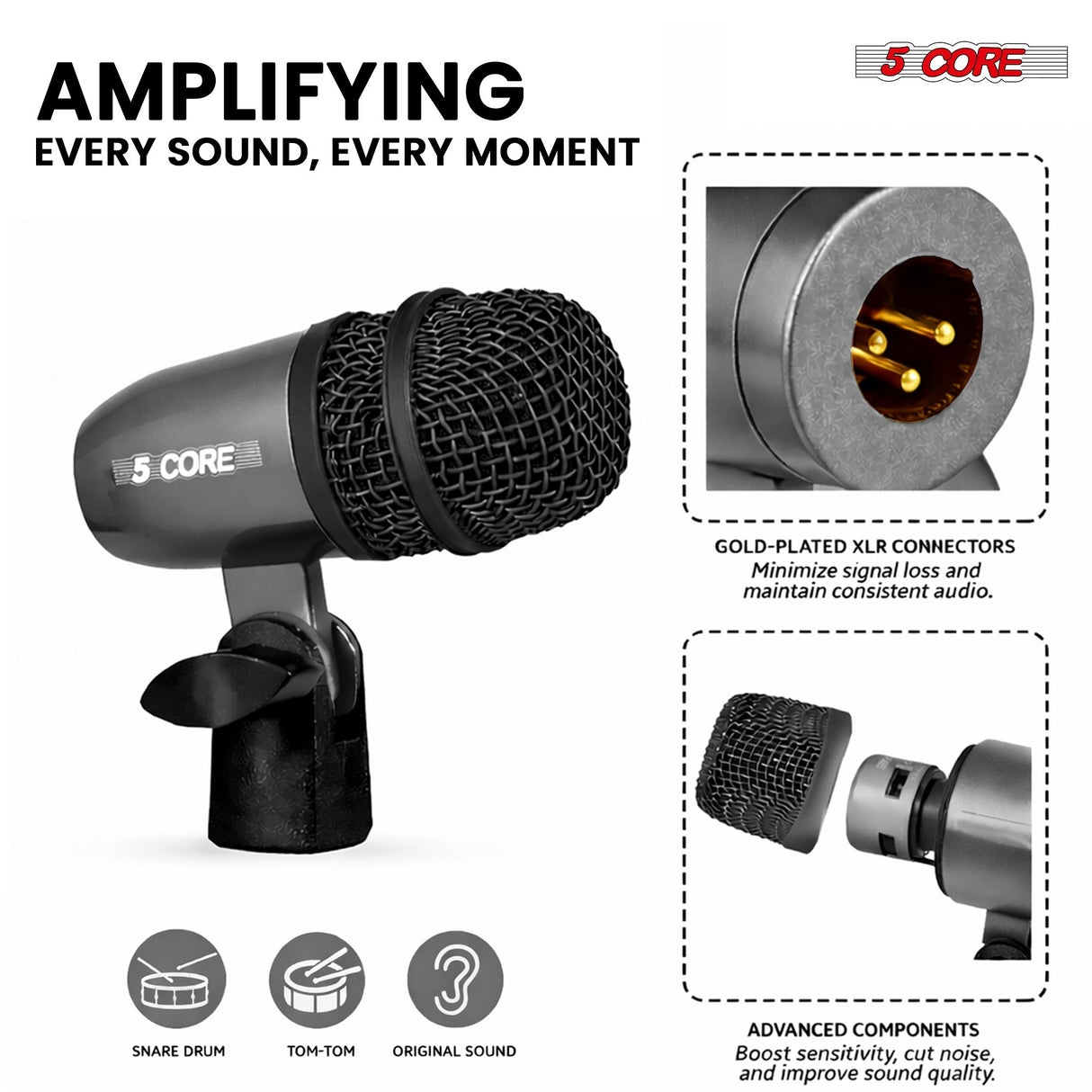 5Core Snare Mic XLR Cardioid Tom Drum Kick Instrument Microphone BLACK