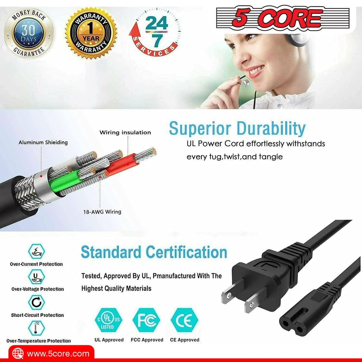5Core 6ft Power Extension Cord sturdy copper wire side view