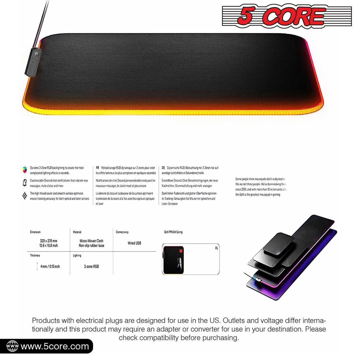 5Core gaming mouse pad with 12 RGB light modes, rubber base, and 2-zone design