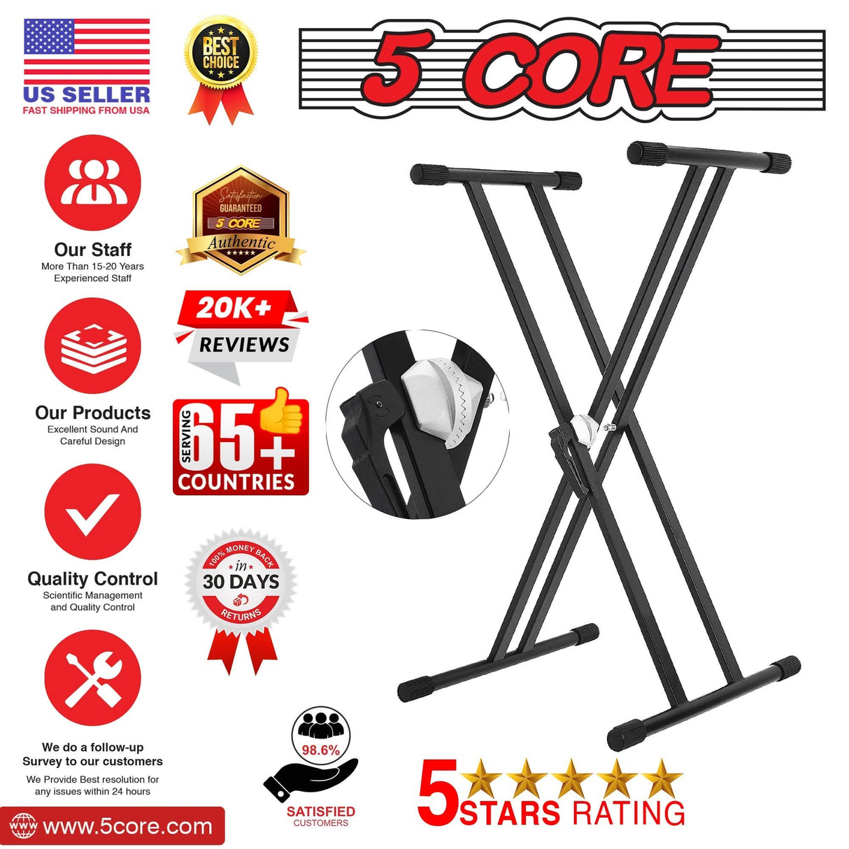 5Core piano riser stand double X style adjustable for 49 to 88 keys with gear