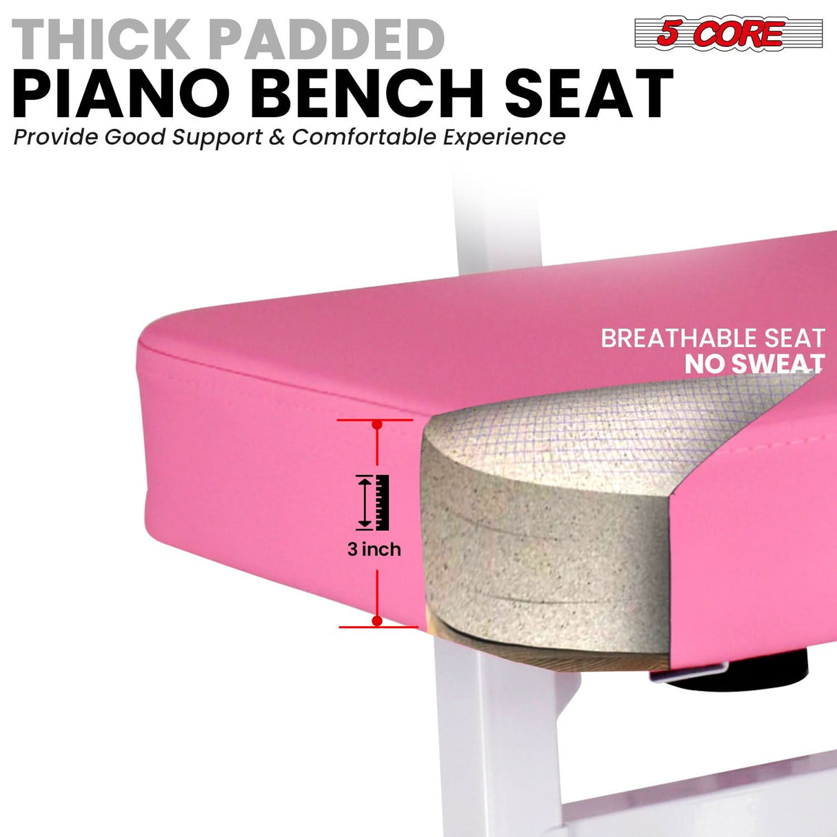 5 Core Piano Bench 3" Padded Cushioned Stool w Backrest Heavy Duty Musician Chair Height Adjustable