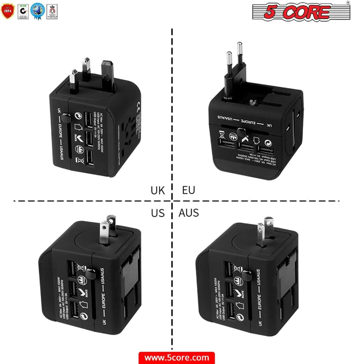 5 Core Universal Travel Adapter Worldwide w 3 USB Ports International Power Adopter for US EU UK AUS