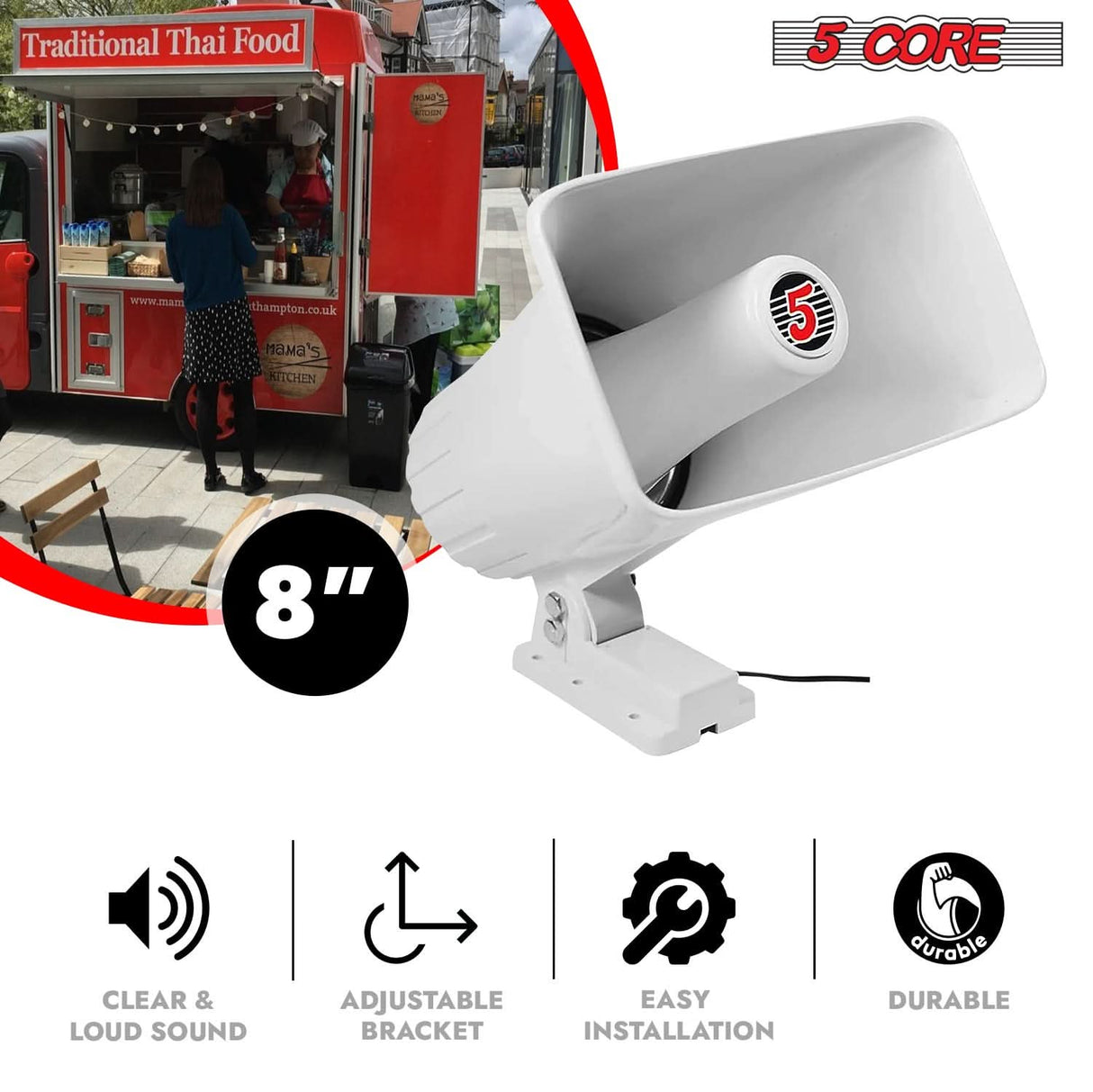 5 Core PA Speaker Pair 5 x 8" 65W Bull Horn Loud Audio Outdoor Speakers System 8Ohm Reflex Megaphone