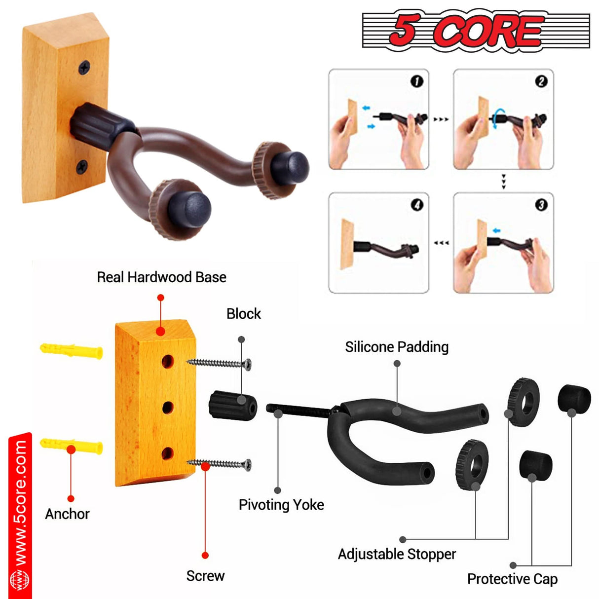 Wood guitar wall hanger by 5Core ideal for home or studio setup
