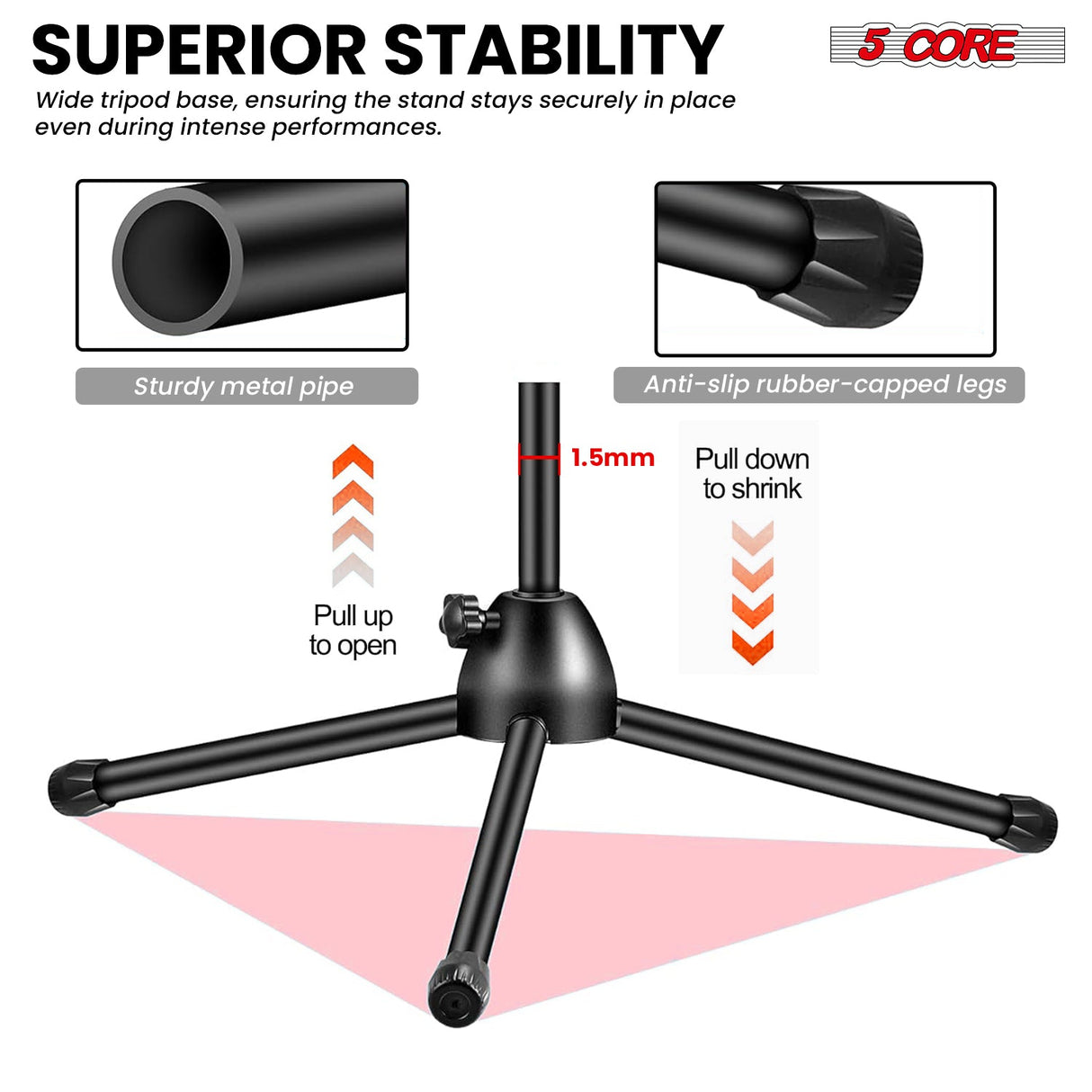 5 Core Mic Stand Floor Pair Adjustable 72" Tripod Microphone Stands w Telescoping Boom Arm