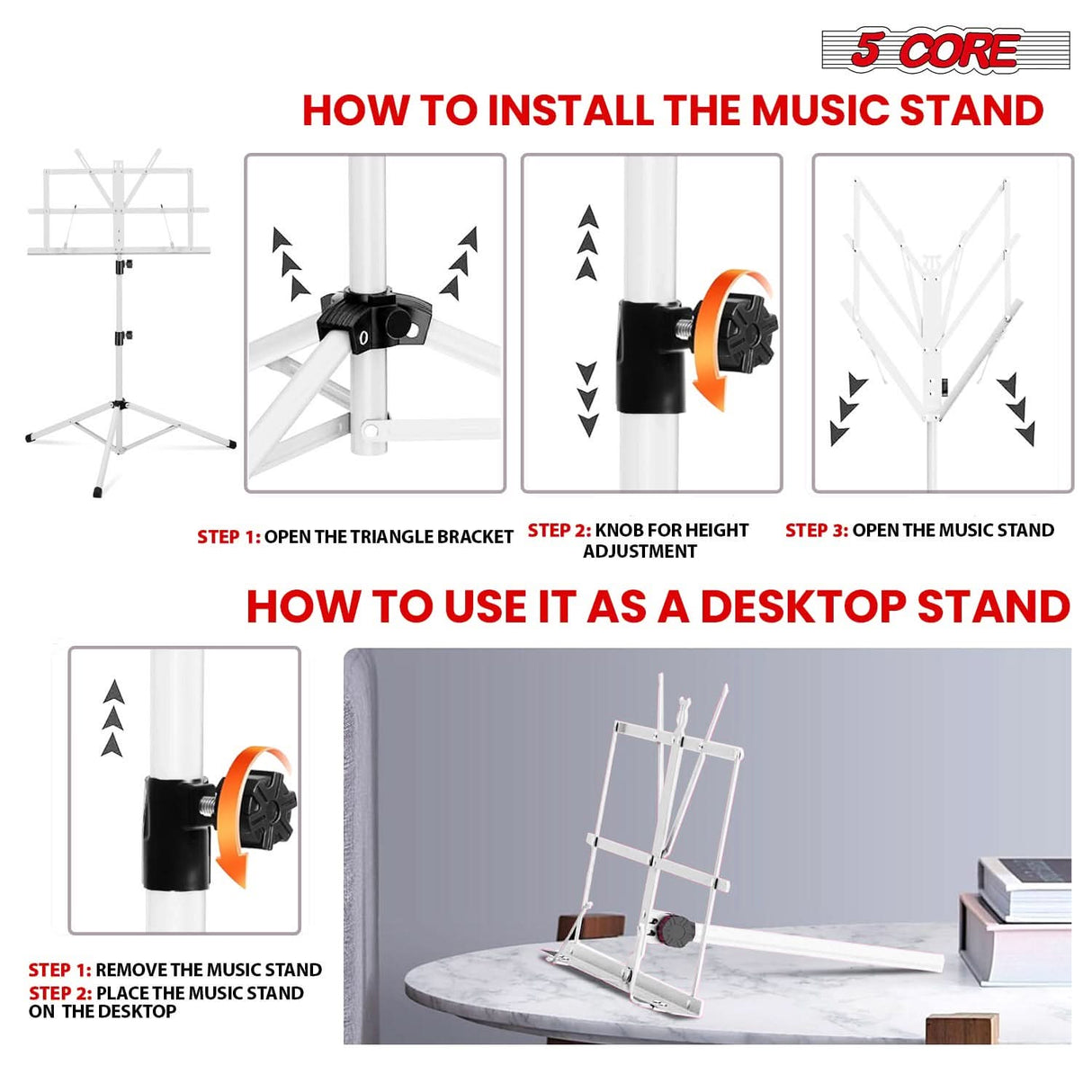 5 Core Music Stand Adjustable Desktop Book Stands Portable Sheet Holder All Metal Foldable Bookstand