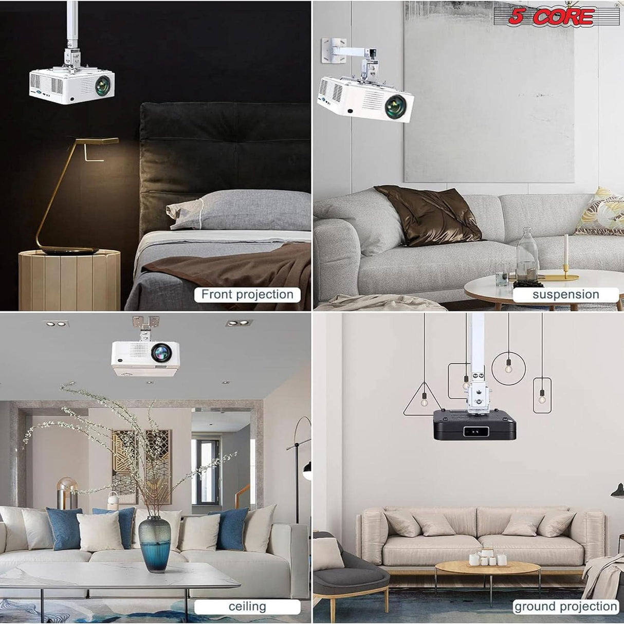 5Core ceiling wall projector mount holder adjustable low profile 40lb capacity white color