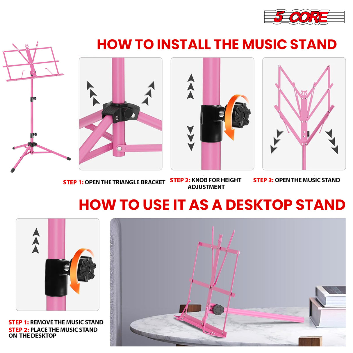 5 Core Music Stand Adjustable 57" Desktop Book Stands Sheet Holder All Metal Portable Bookstand