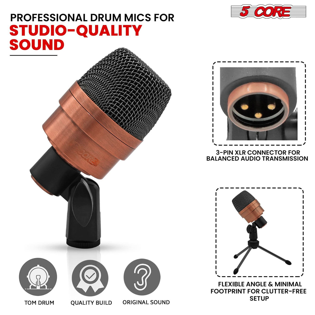 Side view of 5Core copper instrument mic for live and studio drum use