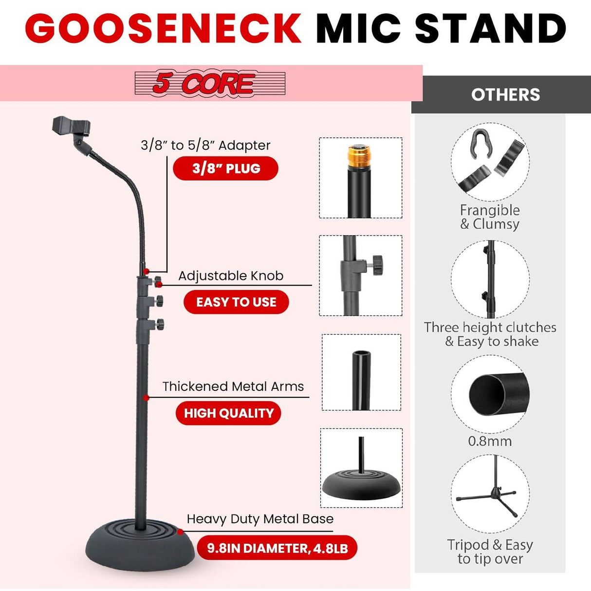 5Core Mic Stand Pair Floor Adjustable Universal Heavy Duty Gooseneck Microphone Stands Round Base Soporte De micrófono