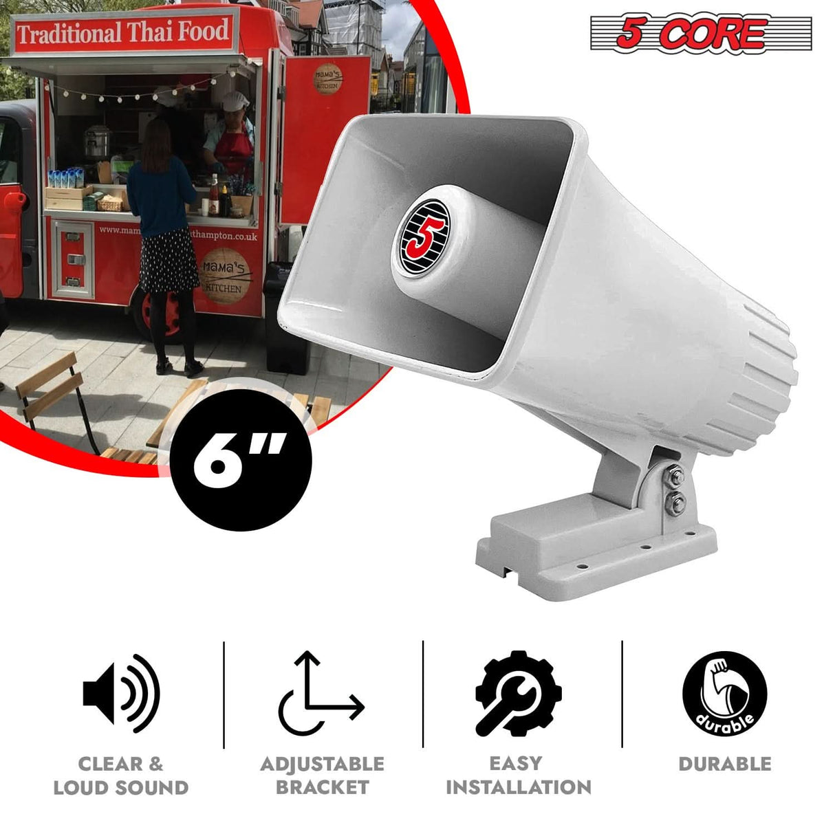 5 Core PA Speaker Pair 6 x 4" 50W Bull Horn Loud Audio Outdoor Speakers System 8Ohm Reflex Megaphone