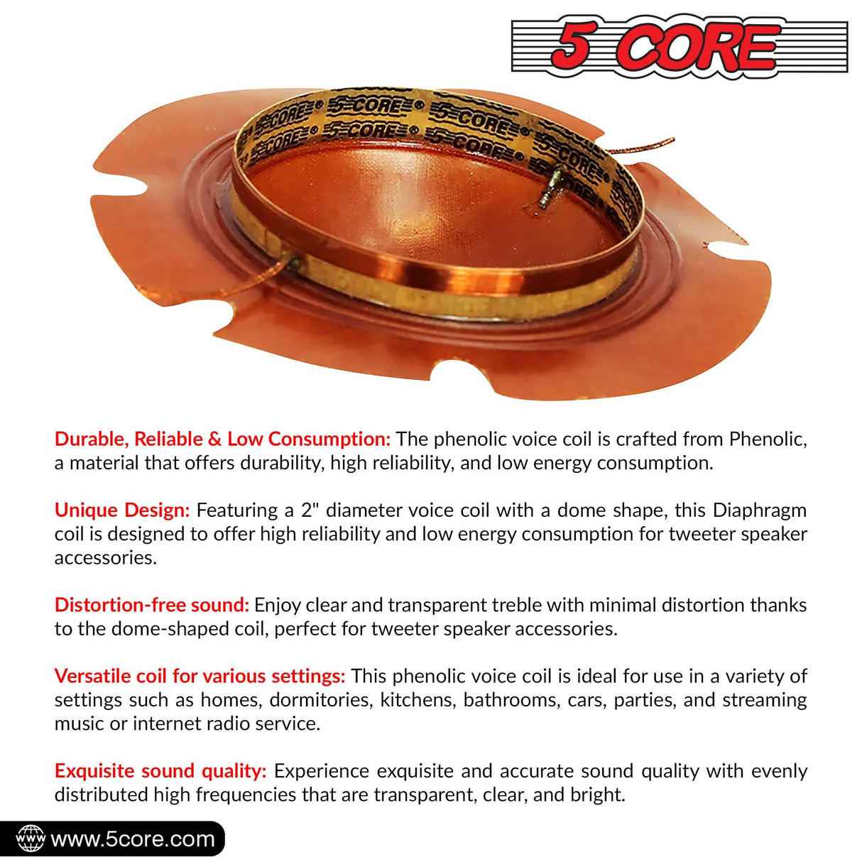 5Core 2 Inch Diaphragm Replacement 10 Pcs Phenolic Voice Coil 51mm + Kapton Former Diameter Horn