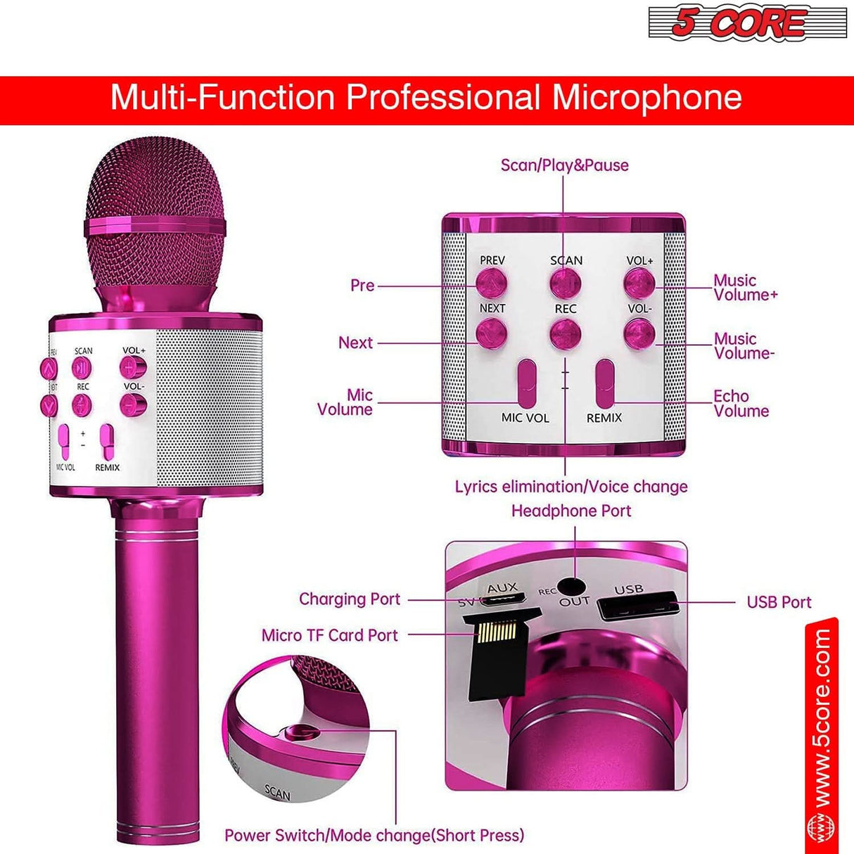 5 Core Wireless Bluetooth Karaoke Microphone pink front angle