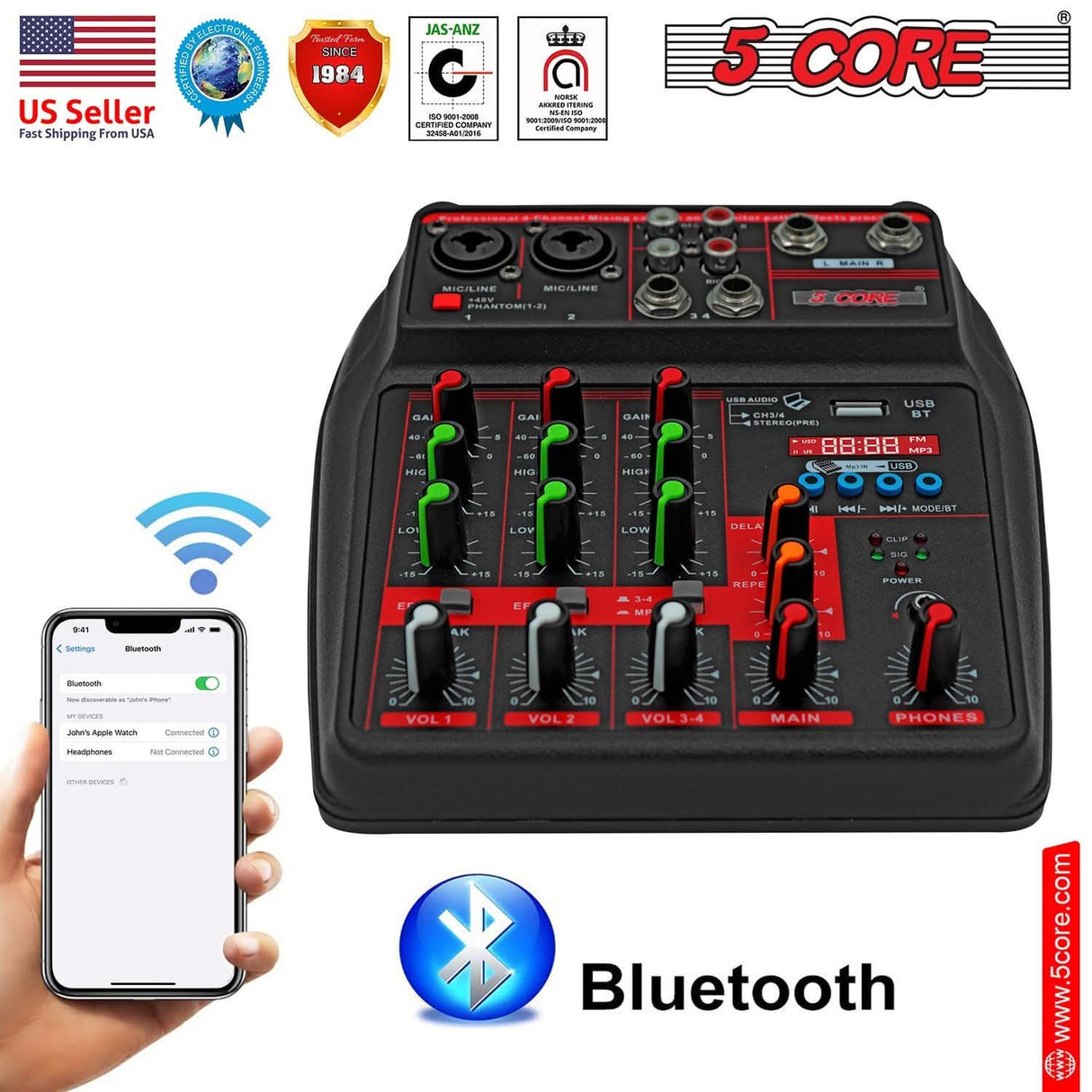 5Core Audio Mixer 4 Channel DJ Soundboard USB Interface Bluetooth Mixing Console w Repeat Delay +48V