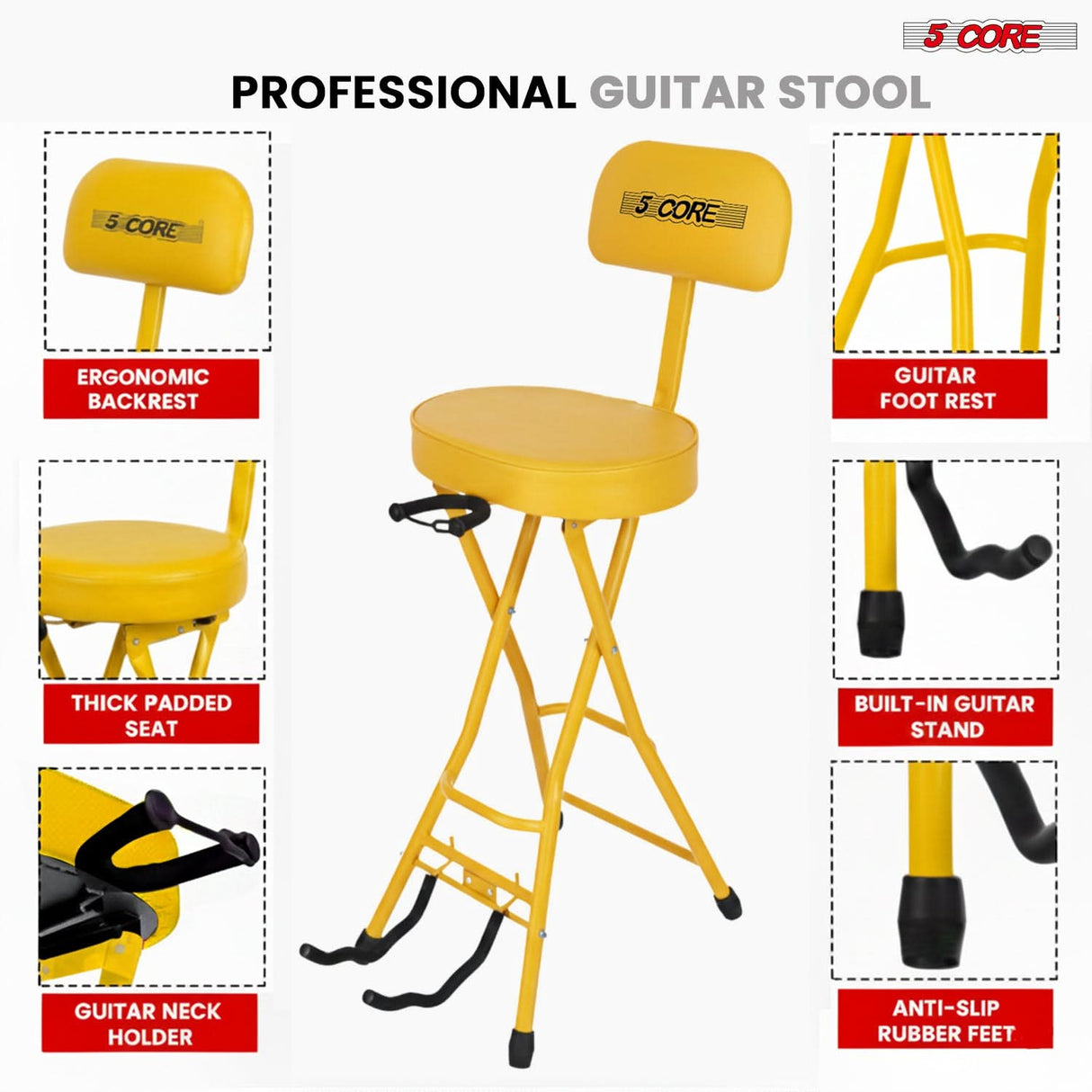 5Core Guitar Stool 3.15" Padded Chair w Backrest Foldable Music Seat Built in Foot Rest Guitar Stand