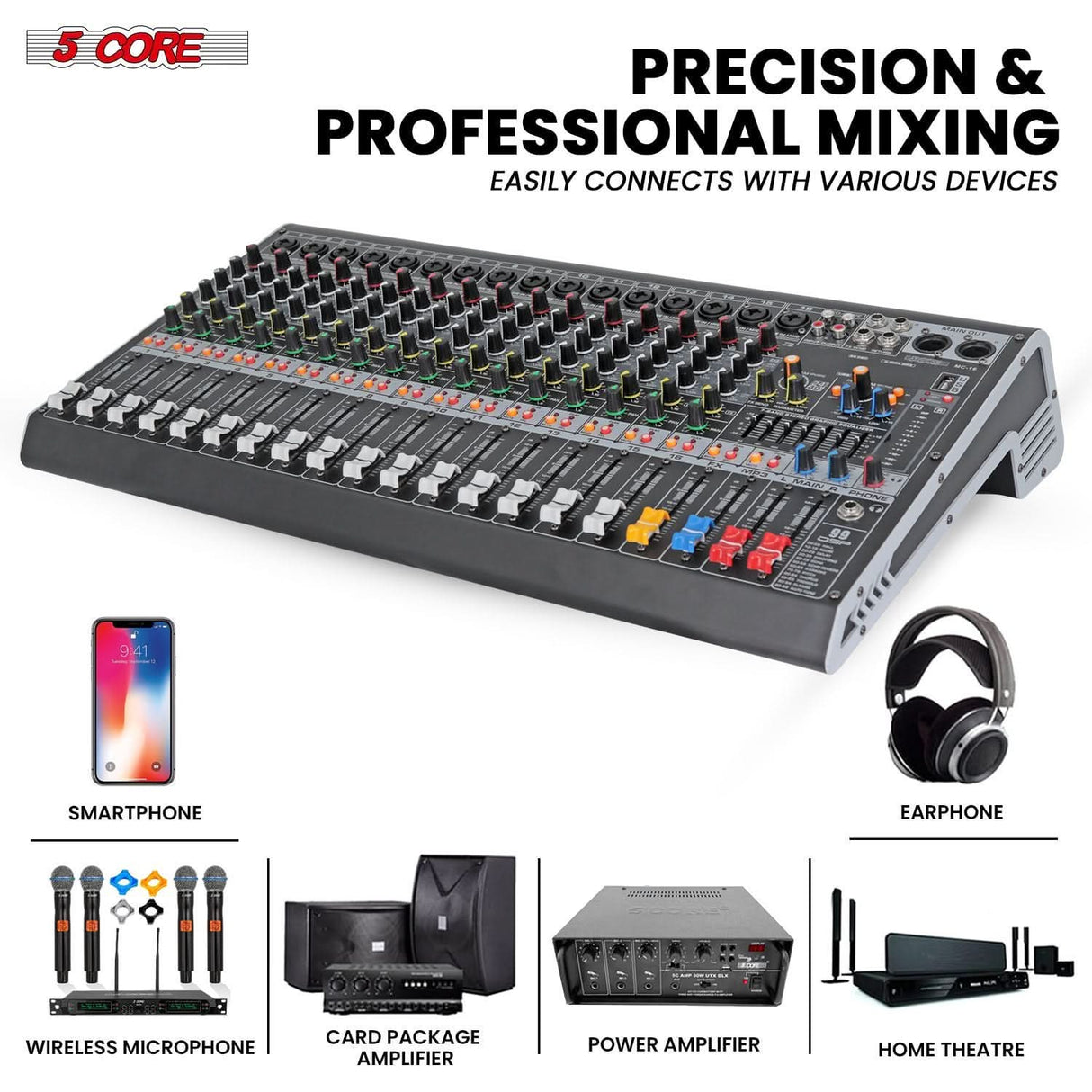 5Core 16-channel DJ mixing board with Bluetooth, USB, and professional analog audio interface