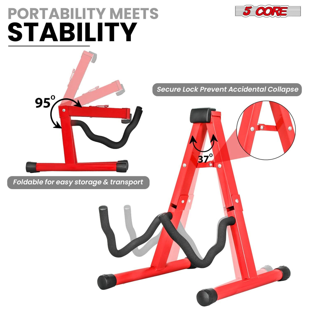 5 Core Guitar Stand A Frame Shape w Soft Foam Arm Non Slip Rubber for Acoustic Electric Bass Ukulele