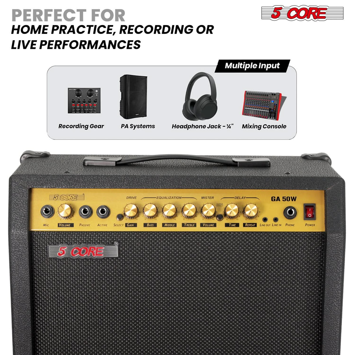 5 Core Guitar Amp 50 Watt Electric Amplifier w Built in 8" Speaker Portable Mini Amps w Aux