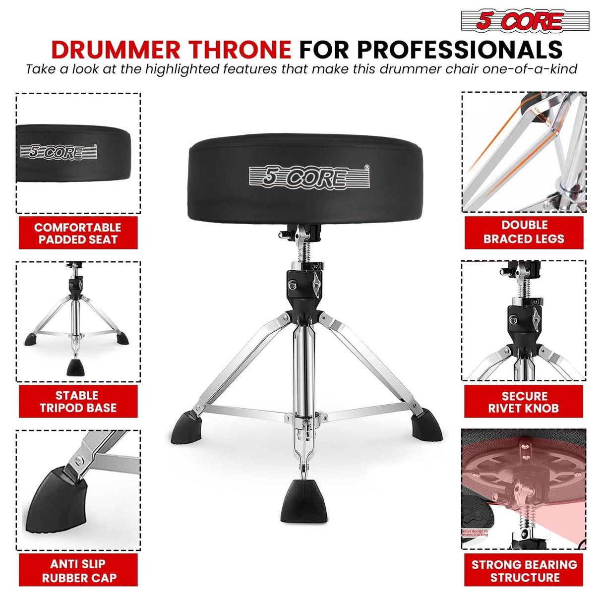 5Core black adjustable drum throne, padded guitar stool, drummer seat for adults & kids