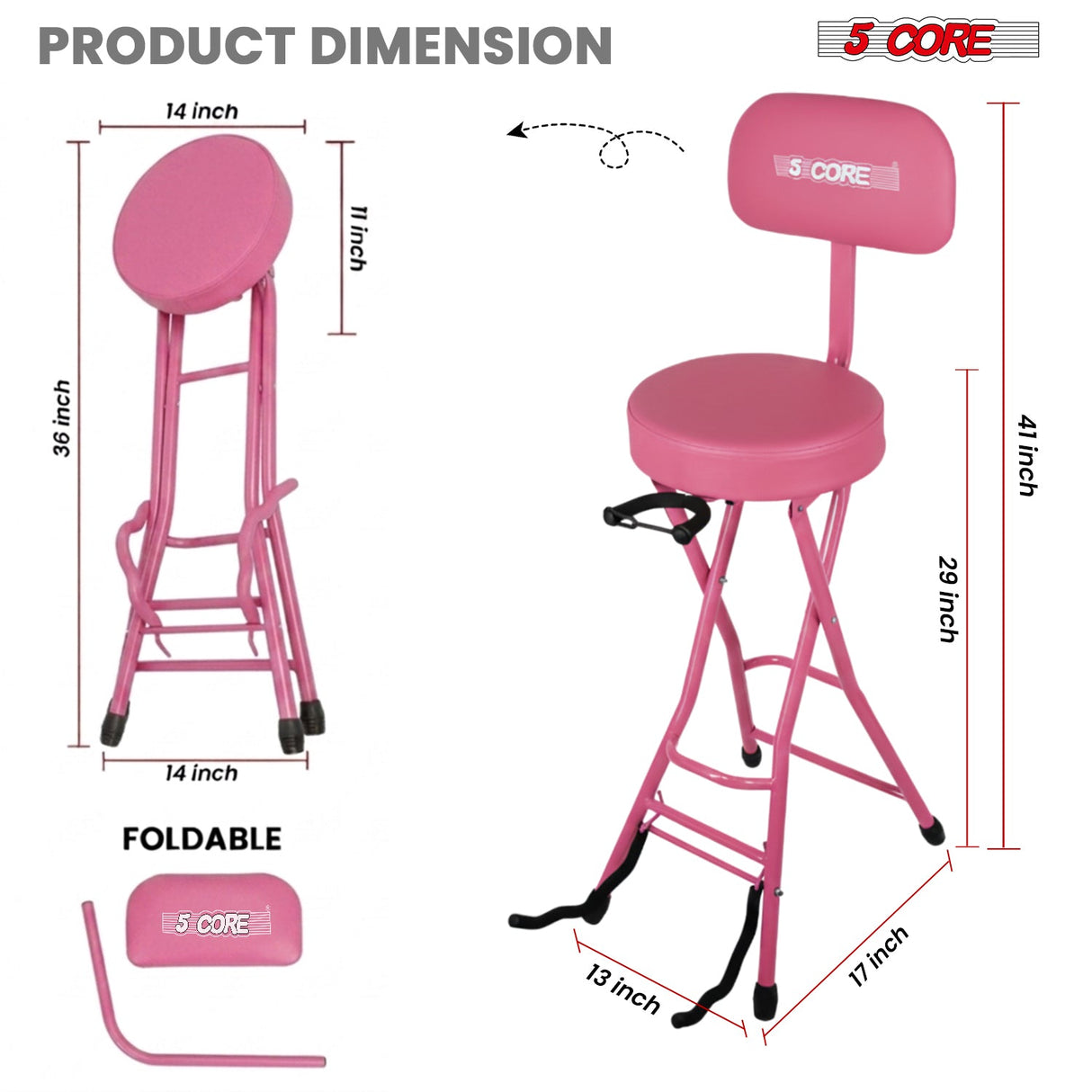 5Core Guitar Stool 3.15" Padded Chair w Backrest Foldable Music Seat Built in Foot Rest Guitar Stand
