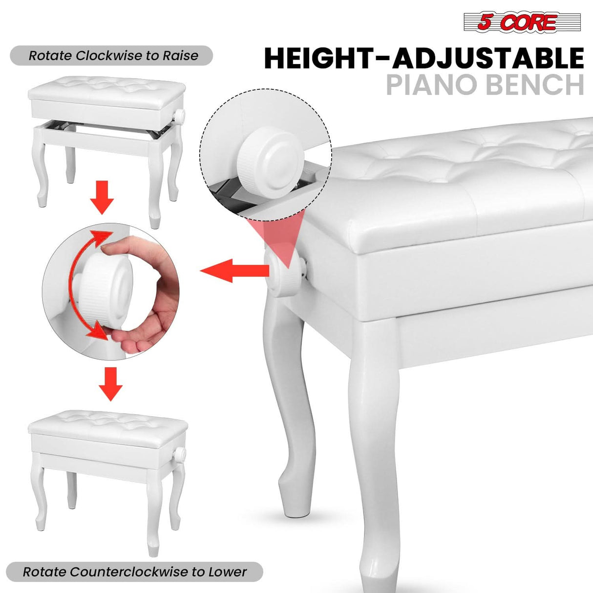 5 Core Piano Bench 3" Padded Cushioned Stool Wooden Heavy Duty Adjustable Musician Chair w Storage
