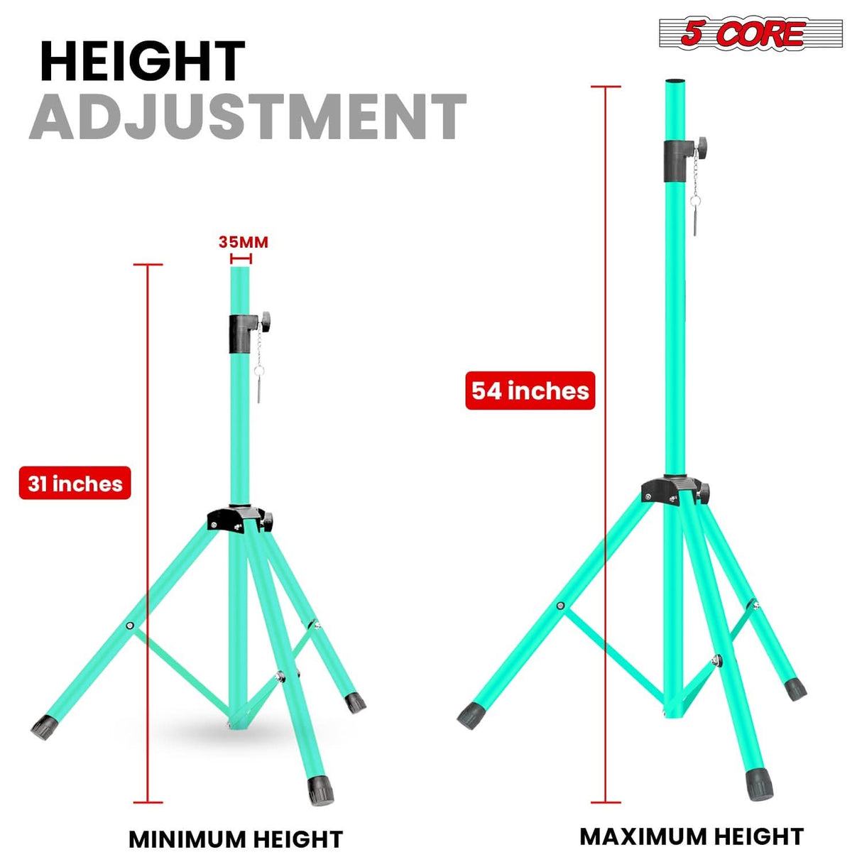 5 Core Speaker Stand Adjustable 31 to 54" PA DJ Tripod Stands Heavy Duty w 35mm Insert 132 Lbs