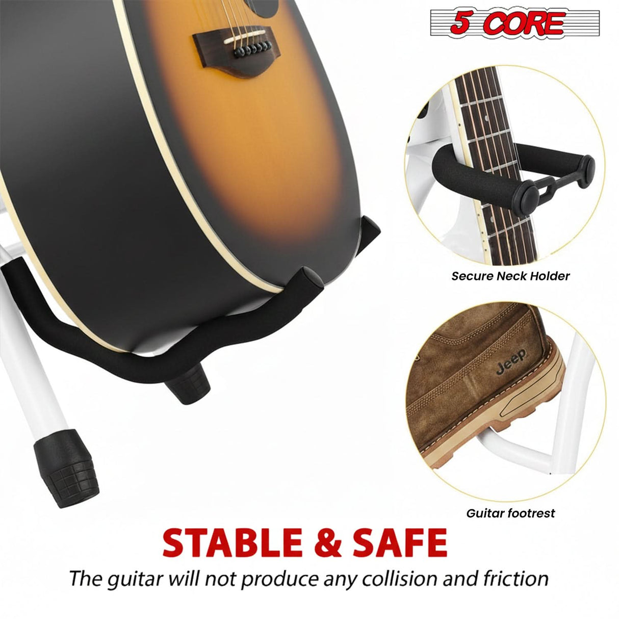 5Core Guitar Stool 3.15" Padded Chair w Backrest Foldable Music Seat Built in Foot Rest Guitar Stand