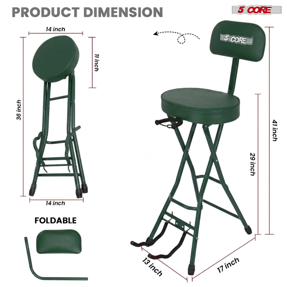 5Core Guitar Stool 3.15" Padded Chair w Backrest Foldable Music Seat Built in Foot Rest Guitar Stand
