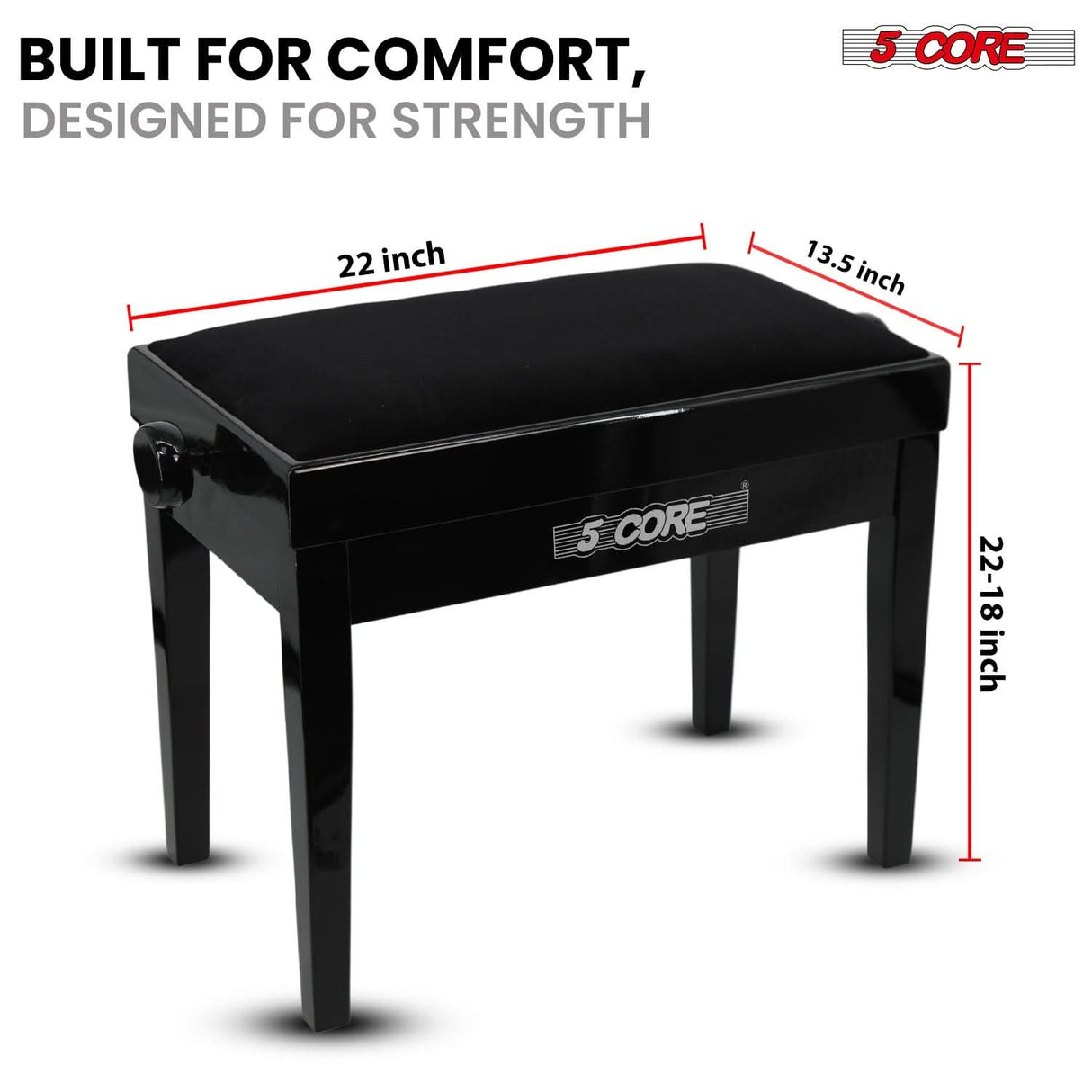 5 Core Adjustable Piano Bench Thick 3.25" Solid Wood Keyboard Stool Heavy Duty Musician Chair