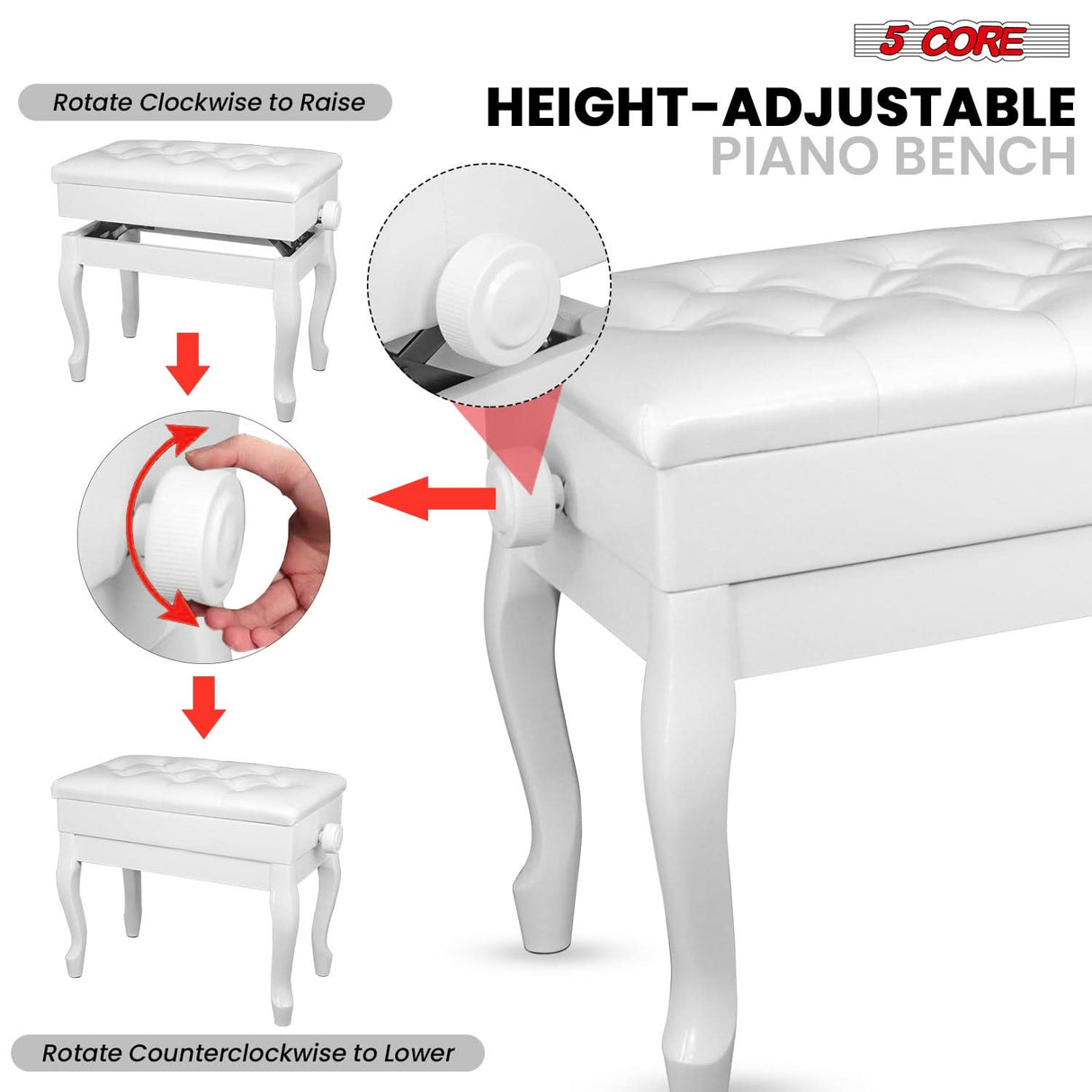 5 Core Piano Bench 3" Padded Cushioned Stool Wooden Heavy Duty Adjustable Musician Chair w Storage