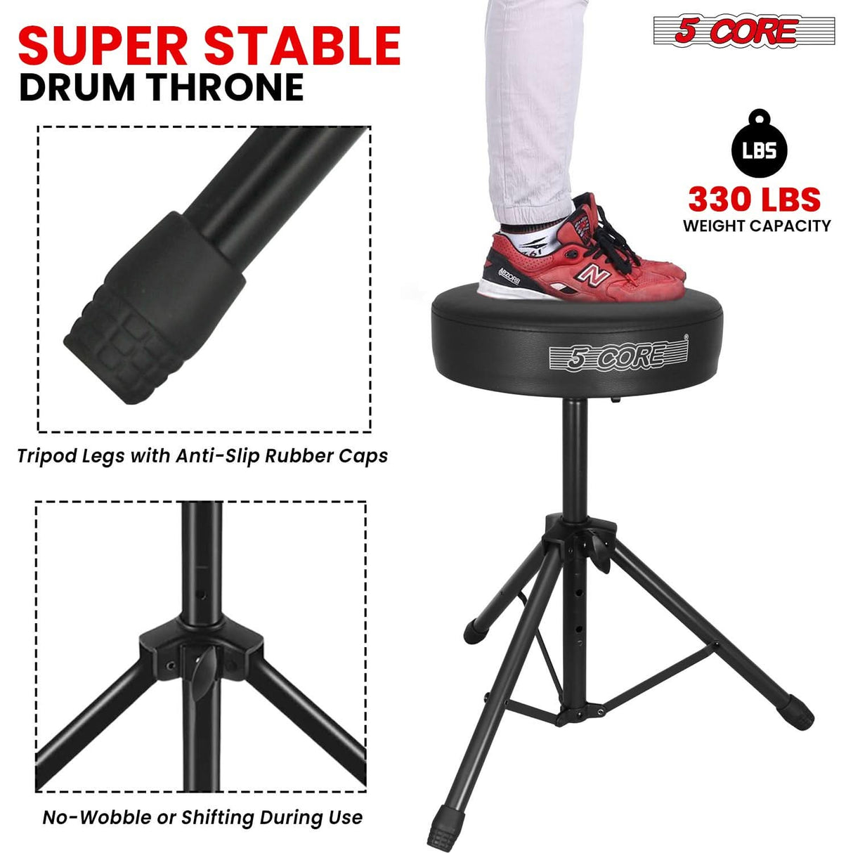 5 Core Drum Throne 3" Thick Padded Memory Foam Comfortable Drummer Stool 330Lb Capacity Adjustable