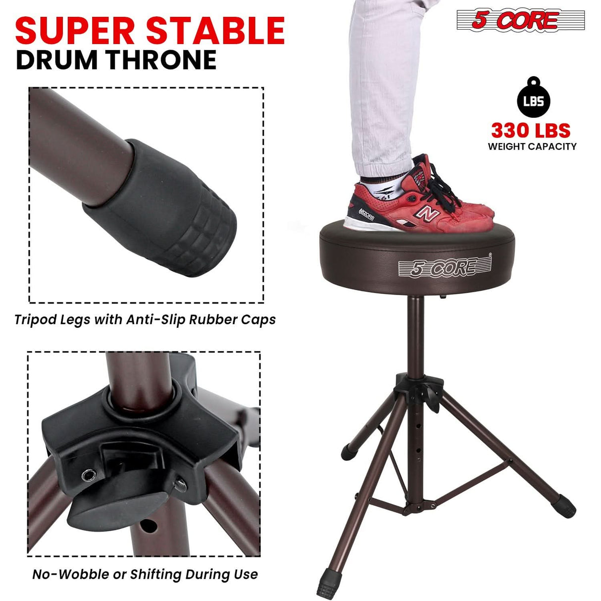 5 Core Drum Throne 3" Thick Padded Memory Foam Comfortable Drummer Stool 330Lb Capacity Adjustable