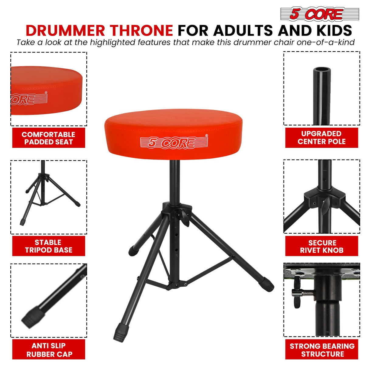 5 Core Drum Throne 3" Thick Padded Memory Foam Comfortable Drummer Stool 330Lb Capacity Adjustable
