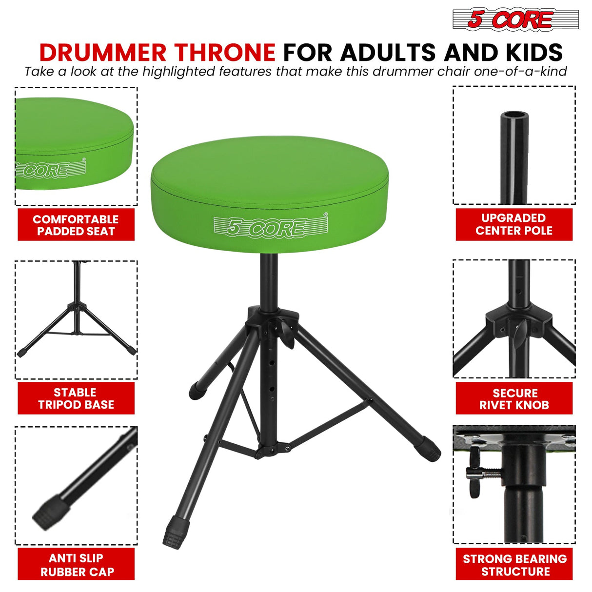 5 Core Drum Throne 3" Thick Padded Memory Foam Comfortable Drummer Stool 330Lb Capacity Adjustable