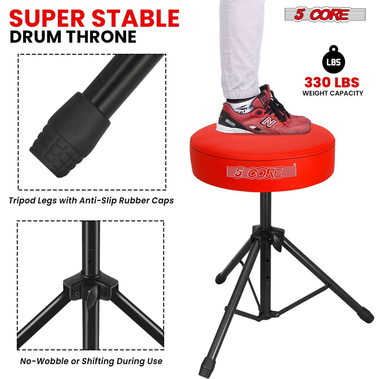 5 Core Drum Throne 3" Thick Padded Memory Foam Comfortable Drummer Stool 330Lb Capacity Adjustable