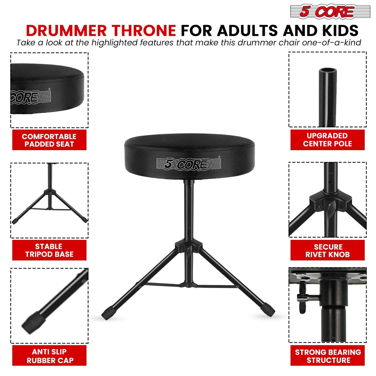 5 Core Drum Throne 3" Thick Padded Memory Foam Comfortable Drummer Stool 330Lb Capacity Adjustable