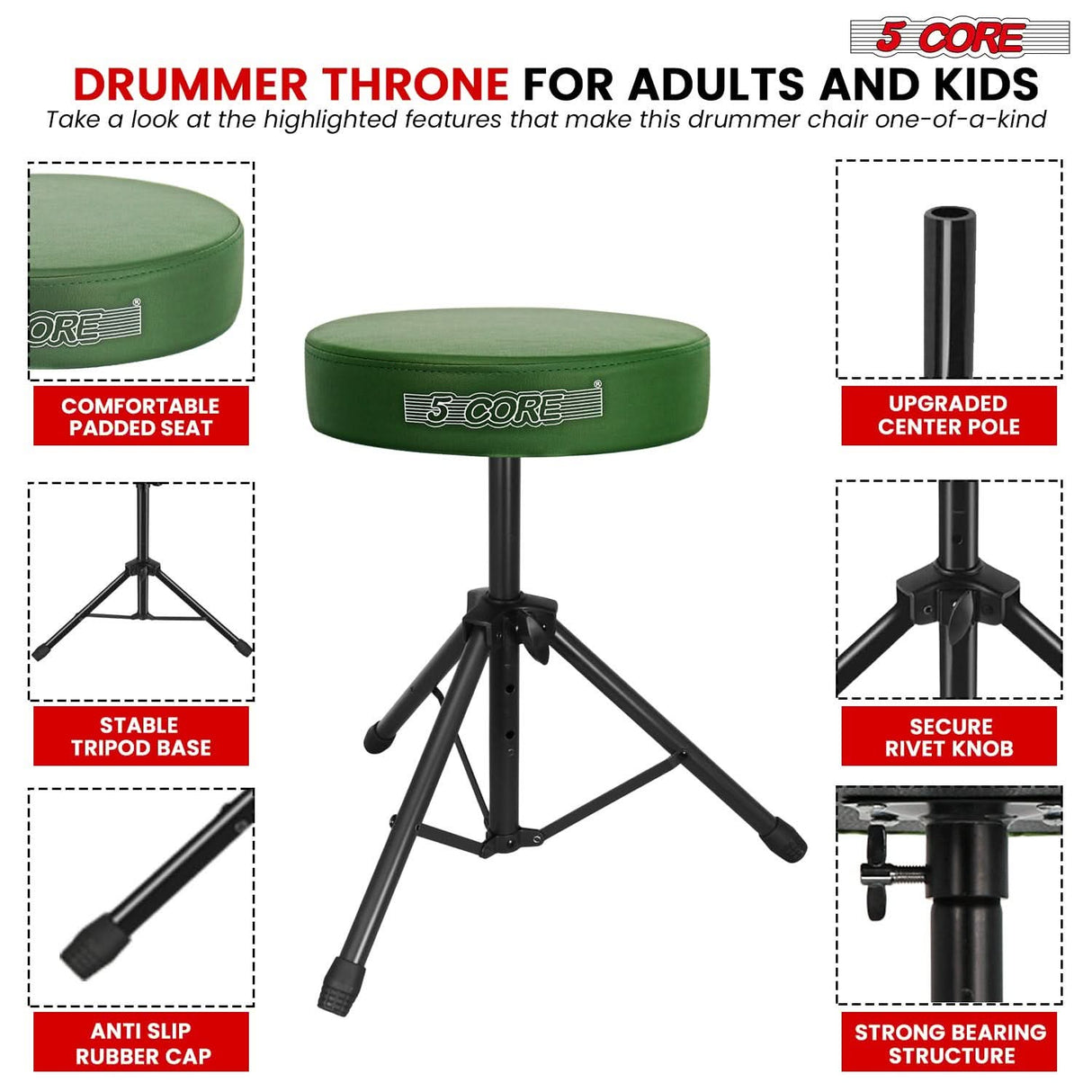 5 Core Drum Throne 3" Thick Padded Memory Foam Comfortable Drummer Stool 330Lb Capacity Adjustable
