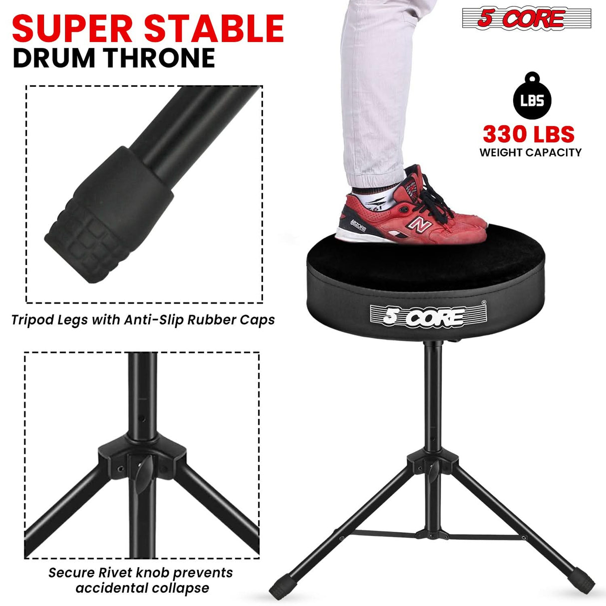 5 Core Drum Throne 3" Thick Padded Memory Foam Comfortable Drummer Stool 330Lb Capacity Adjustable
