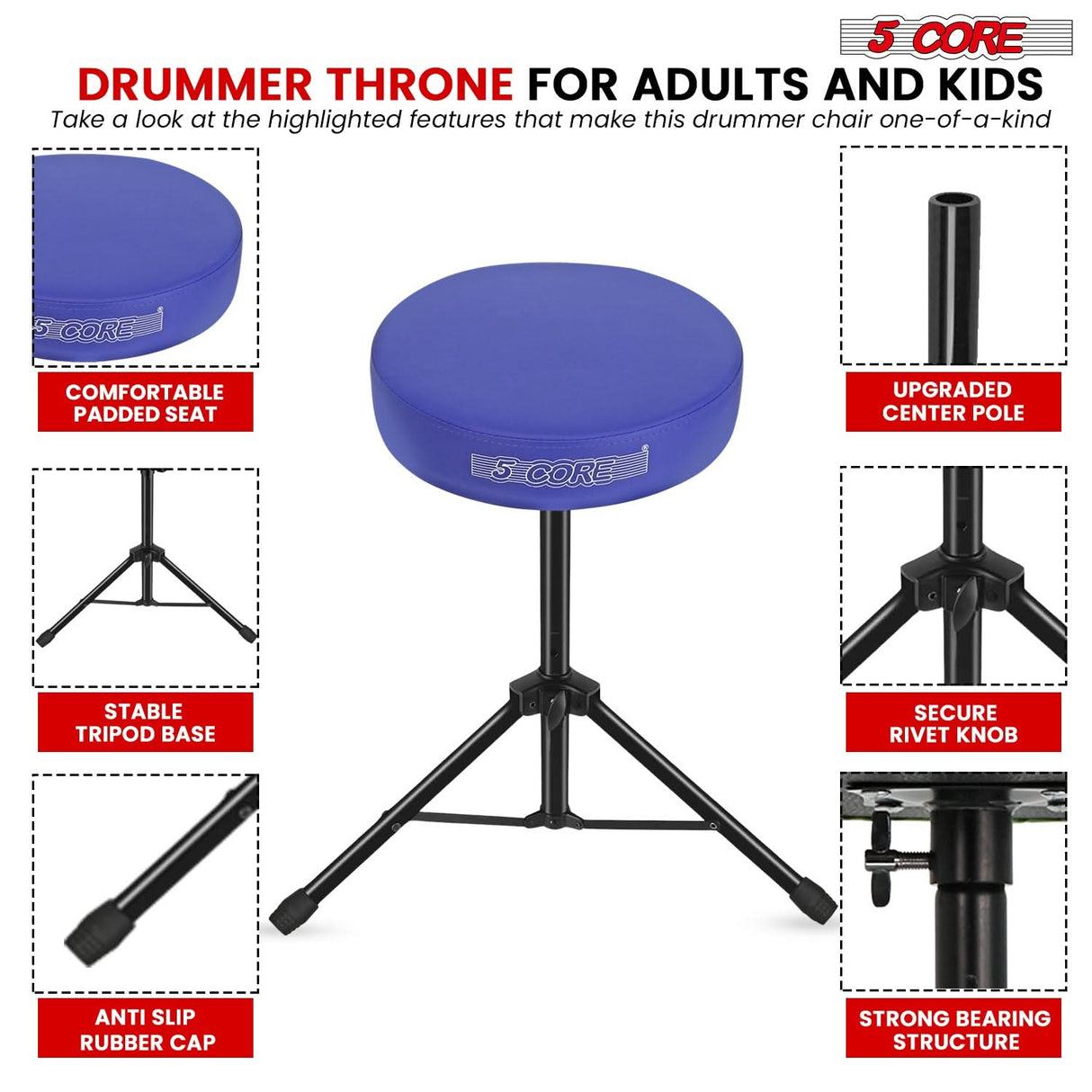 5 Core Drum Throne 3" Thick Padded Memory Foam Comfortable Drummer Stool 330Lb Capacity Adjustable