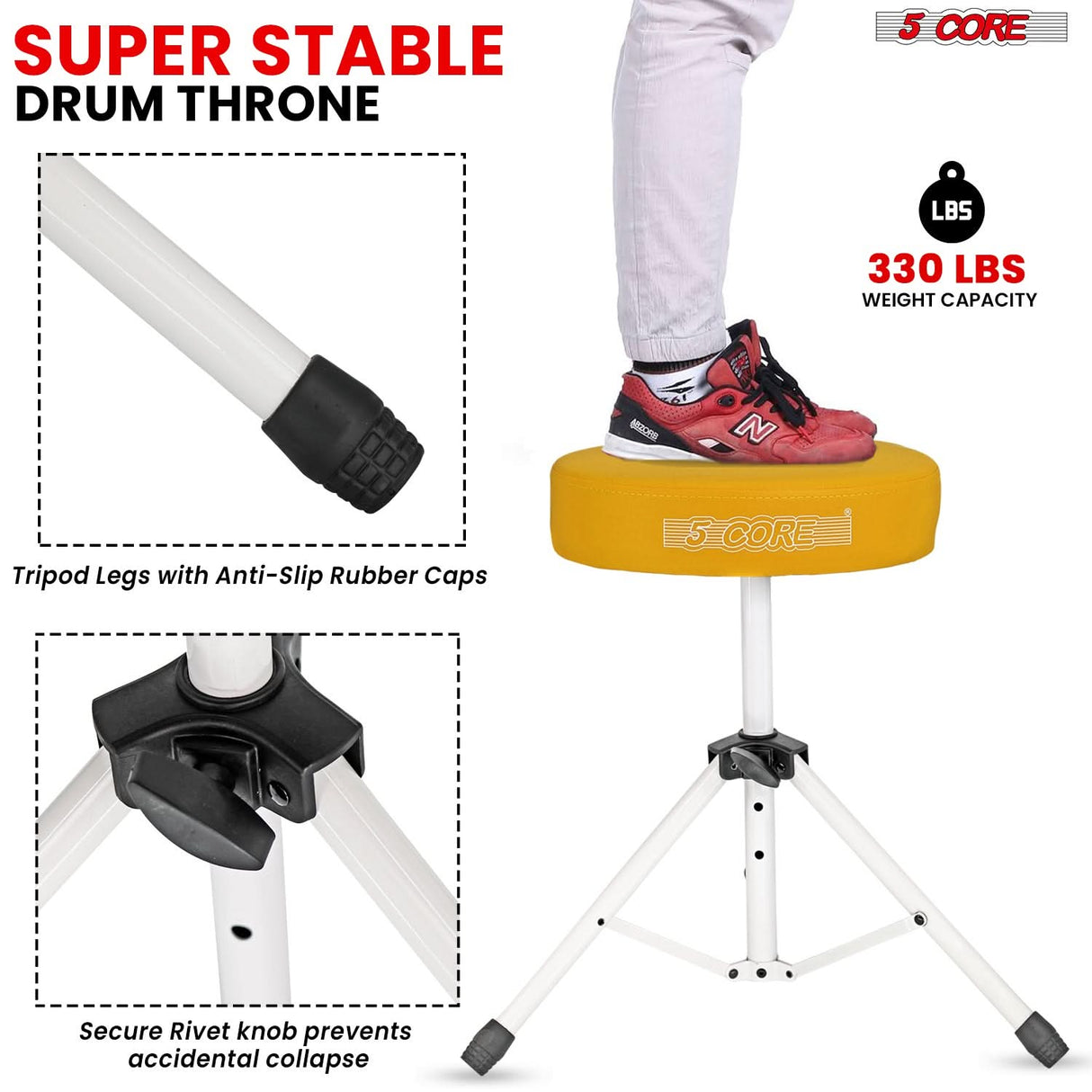 5 Core Drum Throne 3" Thick Padded Memory Foam Comfortable Drummer Stool 330Lb Capacity Adjustable