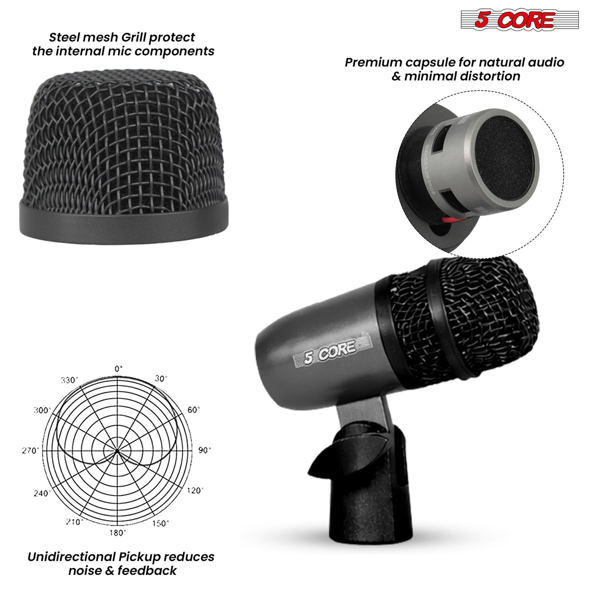 5Core Snare Mic XLR Cardioid Tom Drum Kick Instrument Microphone BLACK