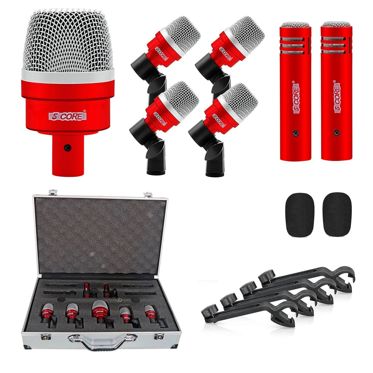 5Core Drum Mic Kit 7 Pcs Kick Bass Tom Snare Dynamic Microphone Instrument Mics Set Red