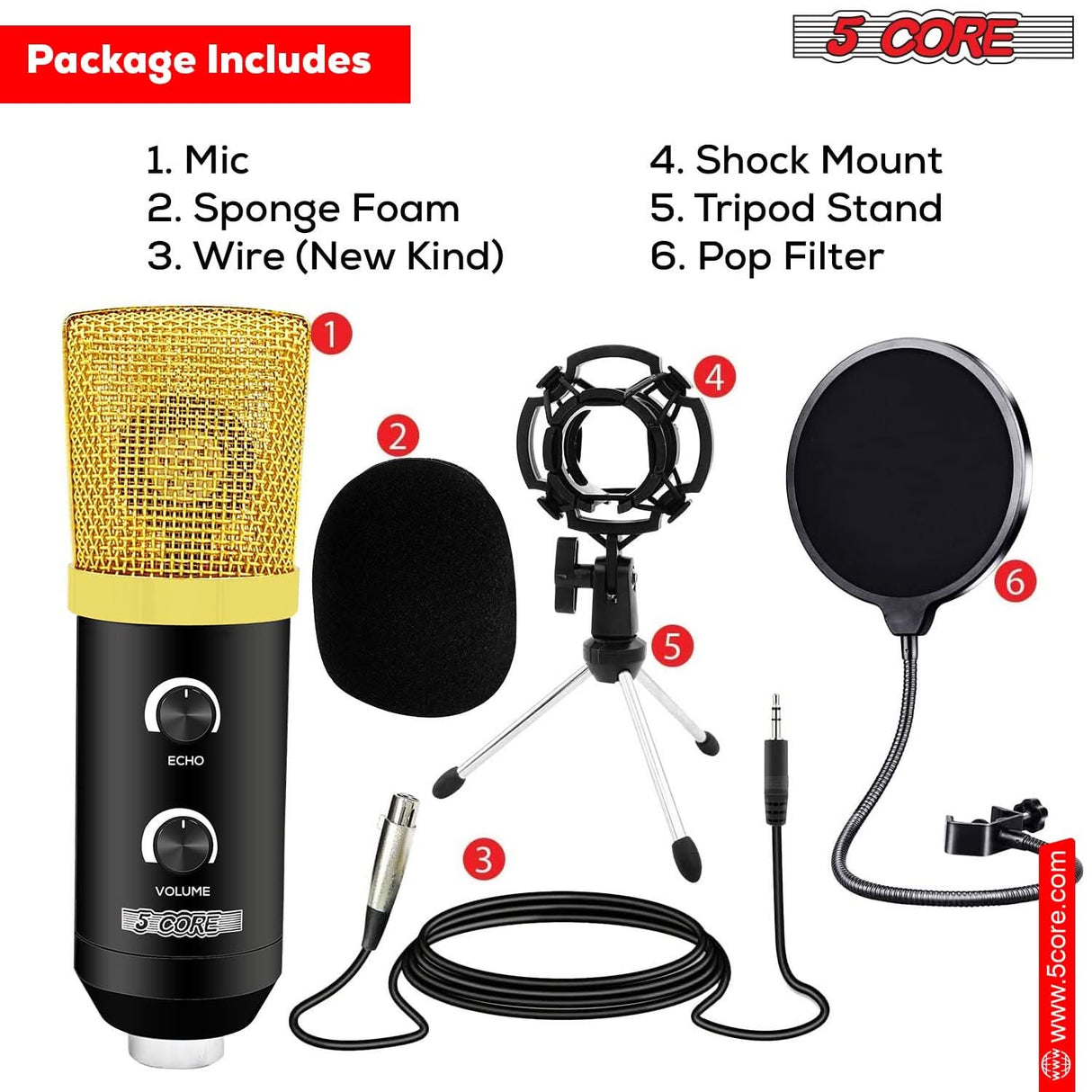 5Core condenser cardioid microphone podcast bundle with boom arm