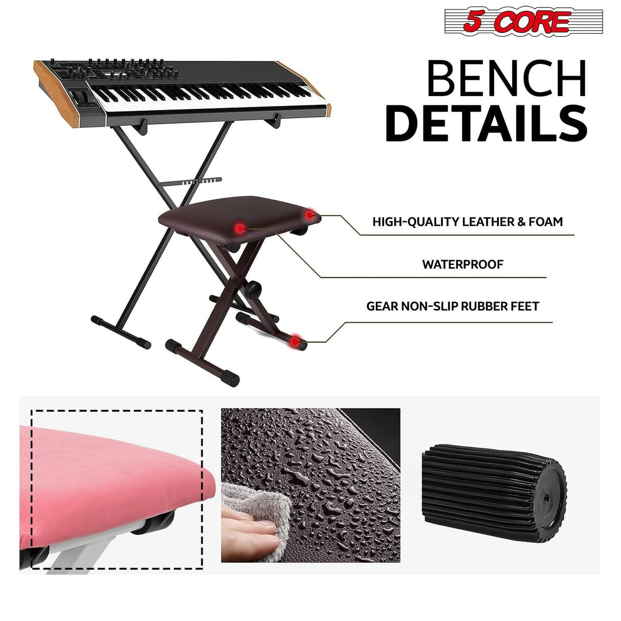 5 Core Keyboard Bench 2" Padded Cushioned Piano Stool Height Adjustable Guitar Seat Folding Portable